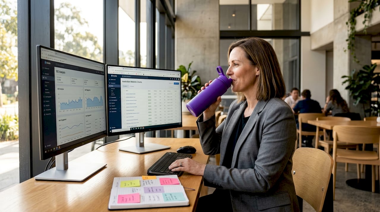 Business owner reviews multi-site dashboards at desk