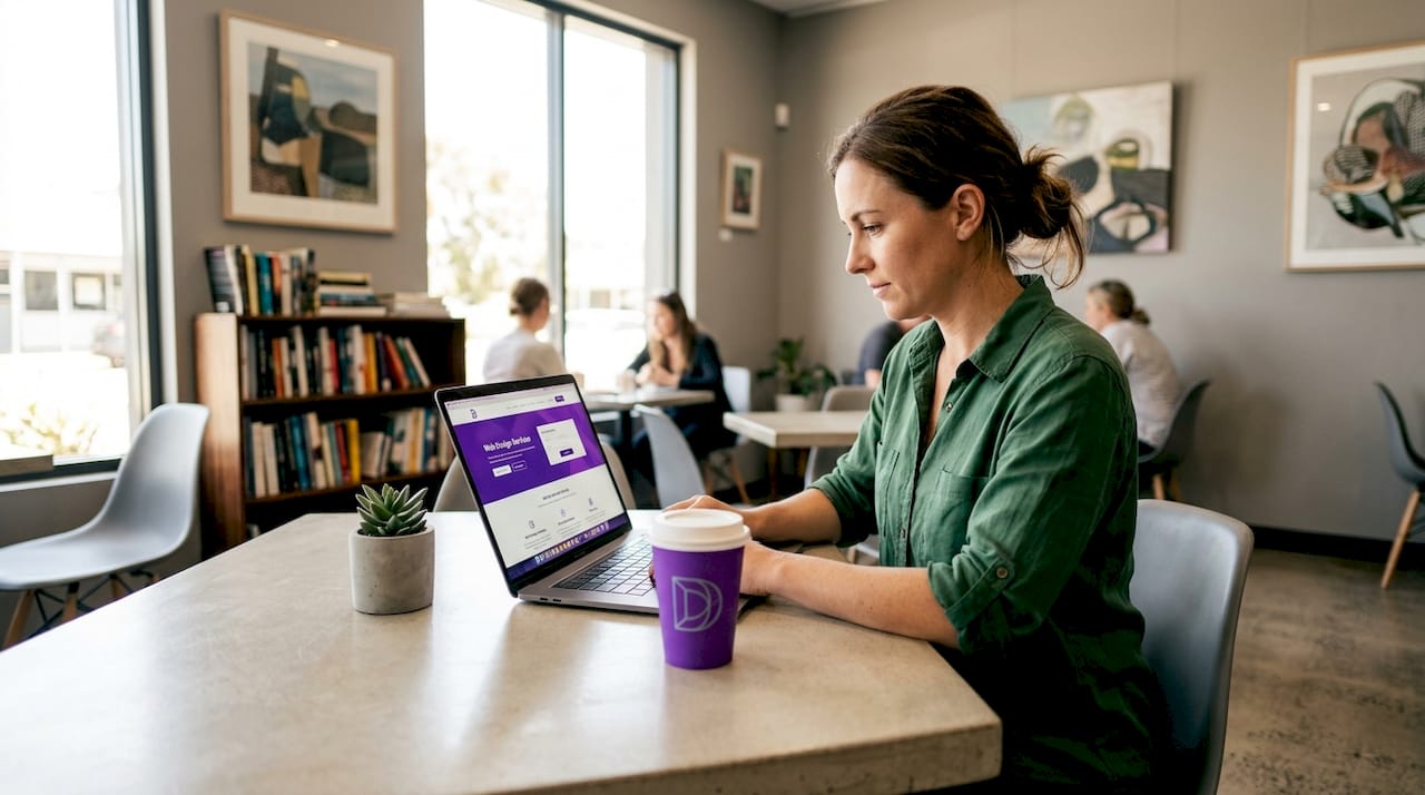 Small business owner using website builder at kitchen table
