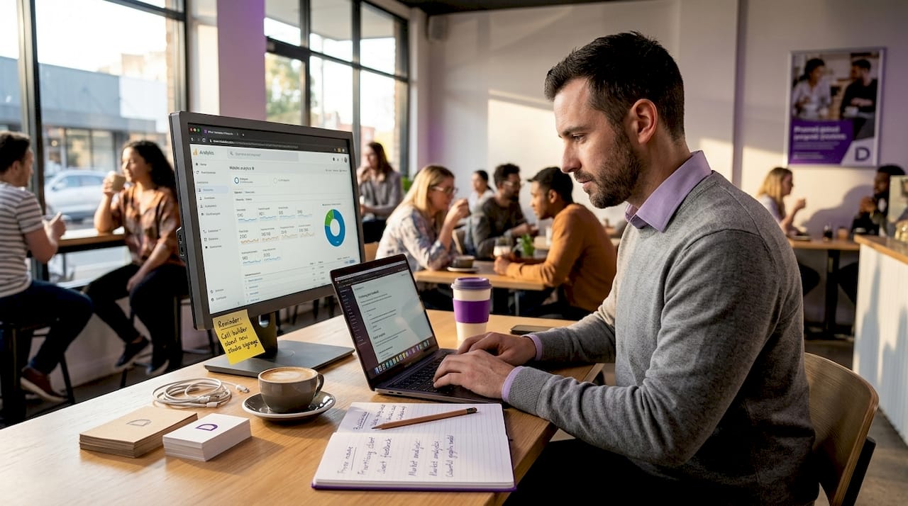 Small business owner managing website in coworking space