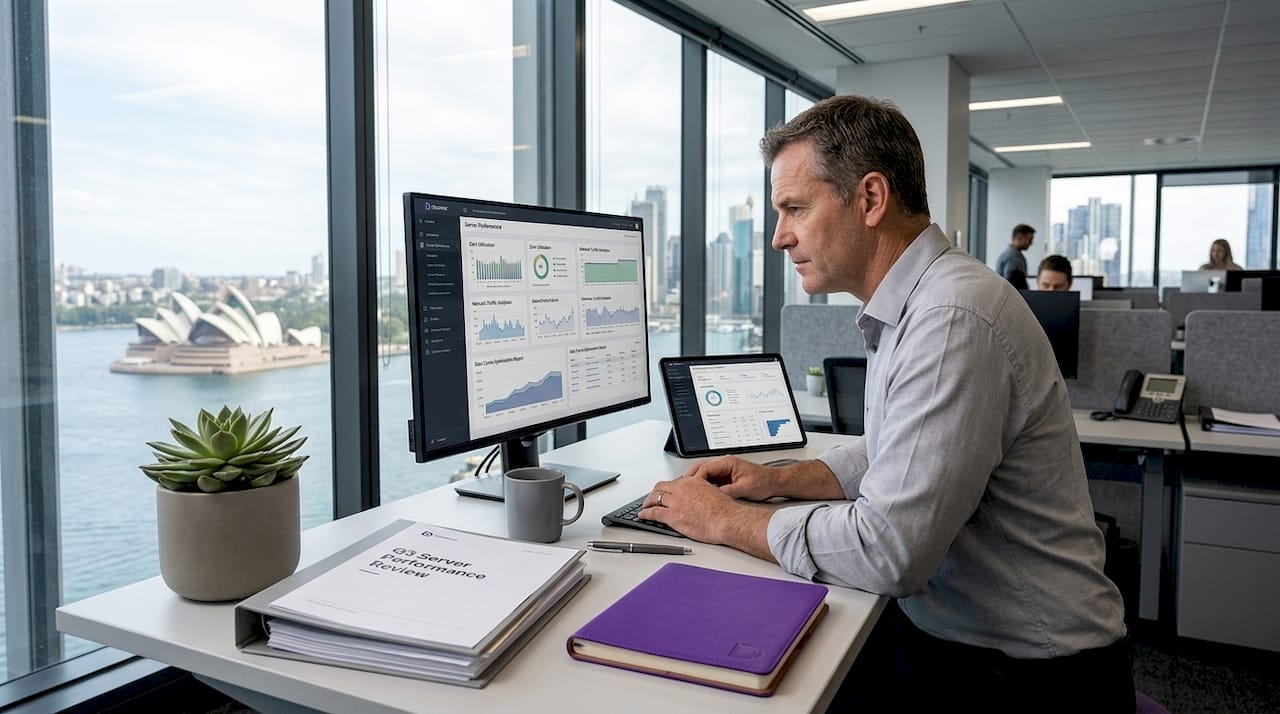 IT manager checking hosting stats in Sydney office