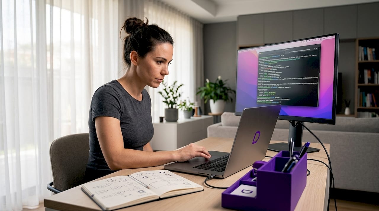 Developer working with containers at cluttered desk
