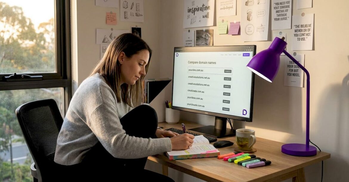 Woman researching domain names in home office