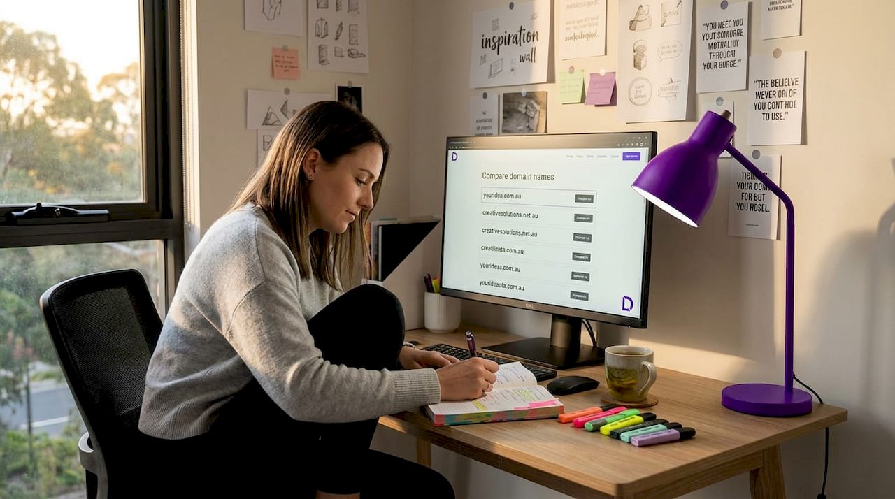 Woman researching domain names in home office