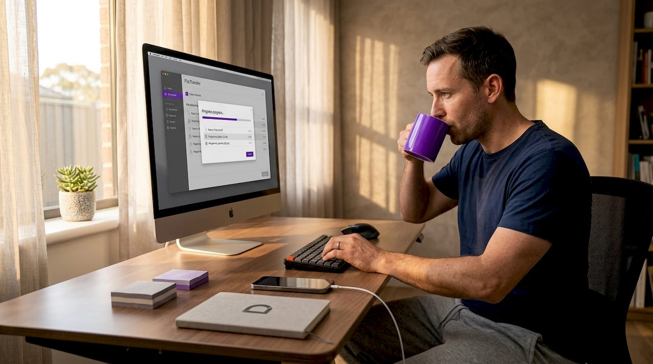 Man managing hosting migration at cluttered home office desk