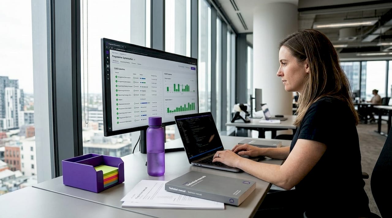 DevOps engineer monitoring CI/CD pipeline dashboard