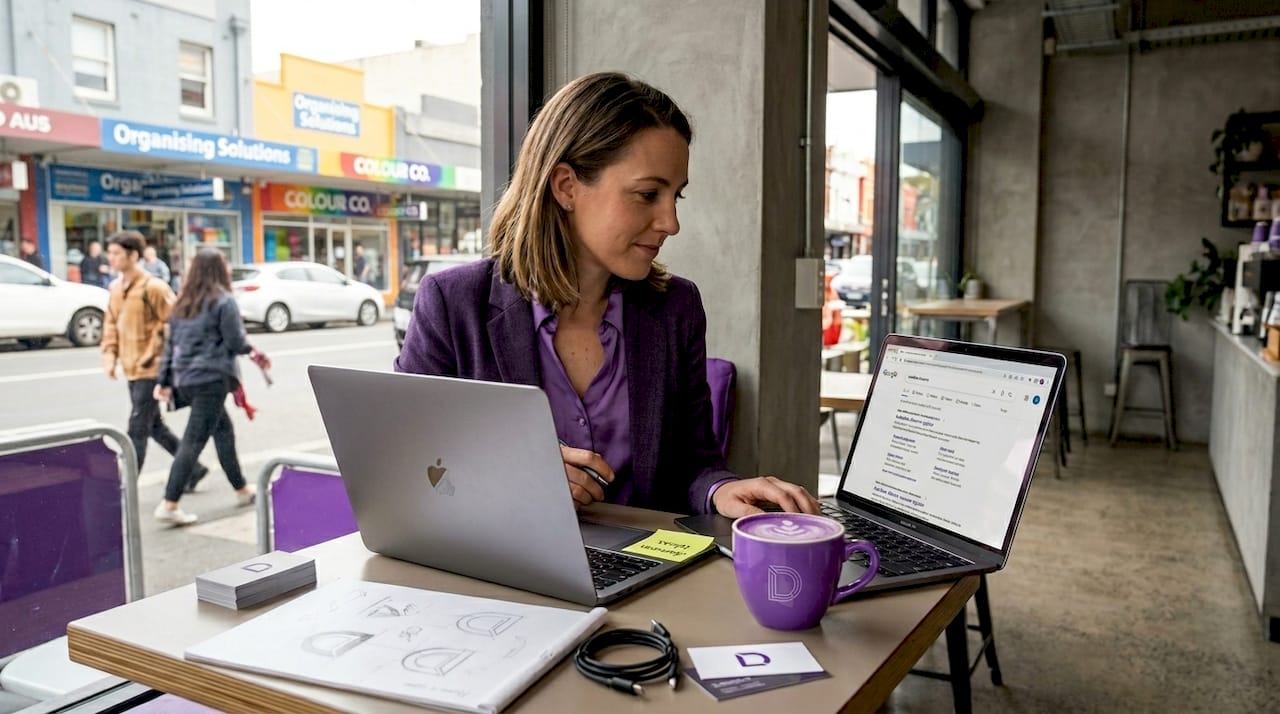 Small business owner researching domain names