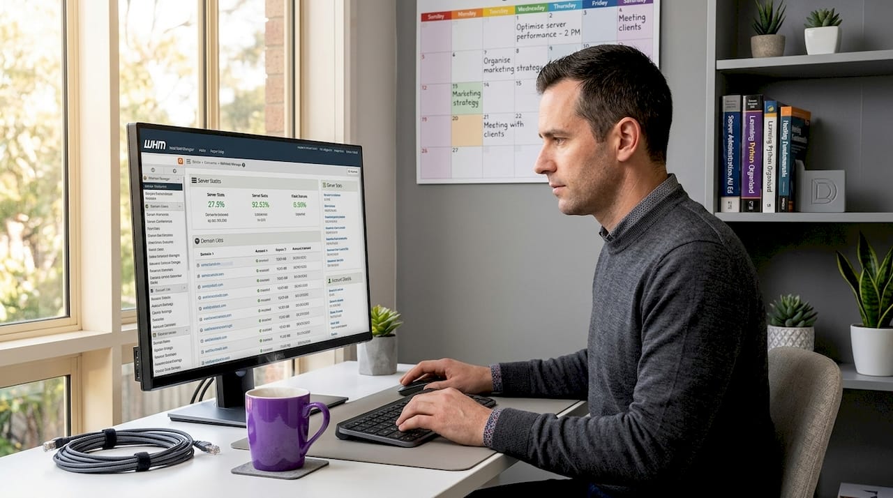 Man managing reseller hosting account on computer