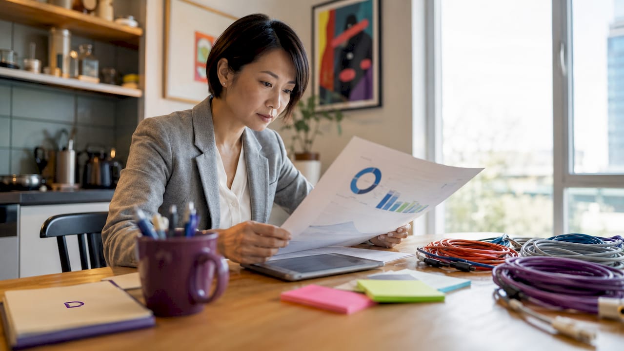 Woman reviewing web hosting report at desk