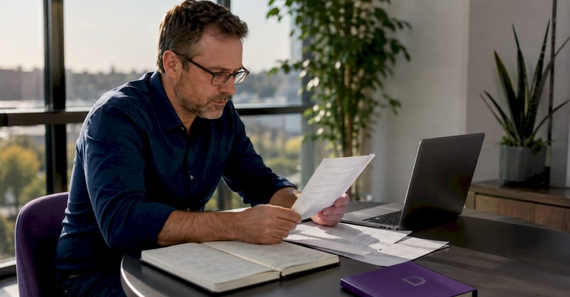 Man reviewing domain transfer documents at desk