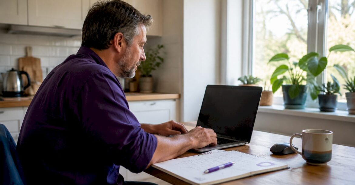 Person working on domain registration at home desk