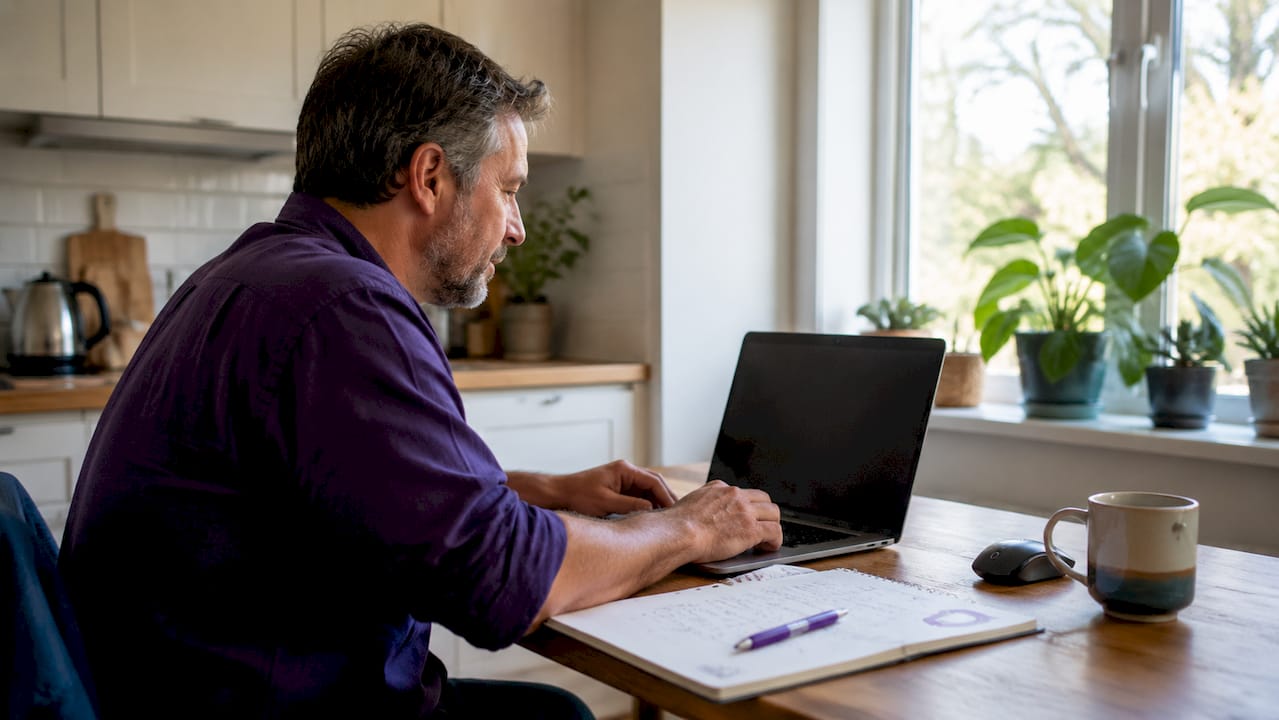 Person working on domain registration at home desk
