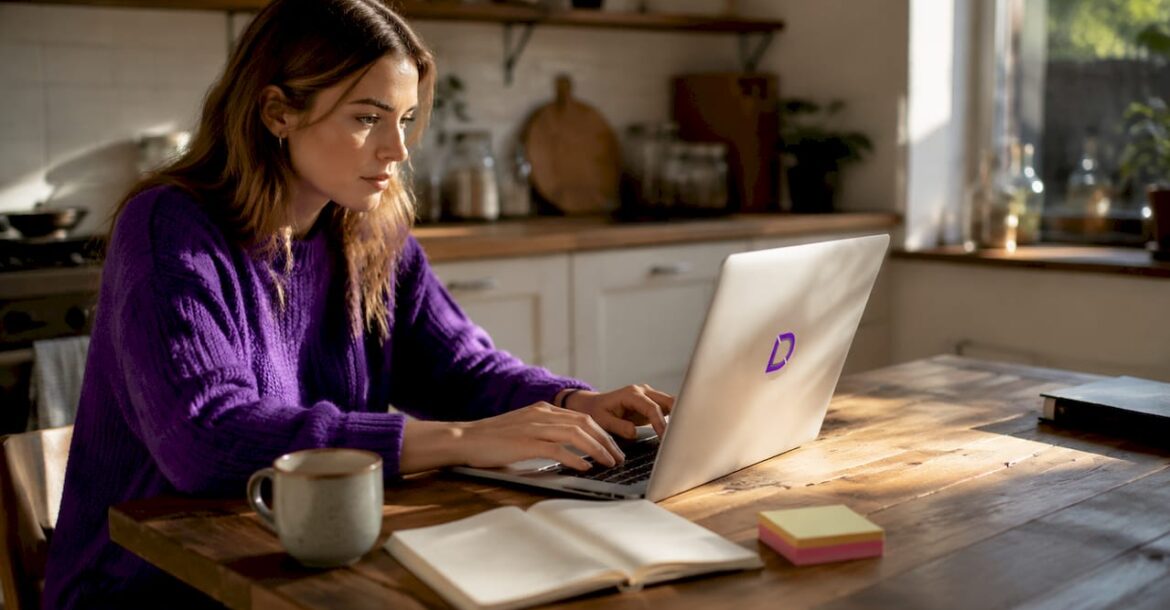 Woman renewing domain on laptop in home office