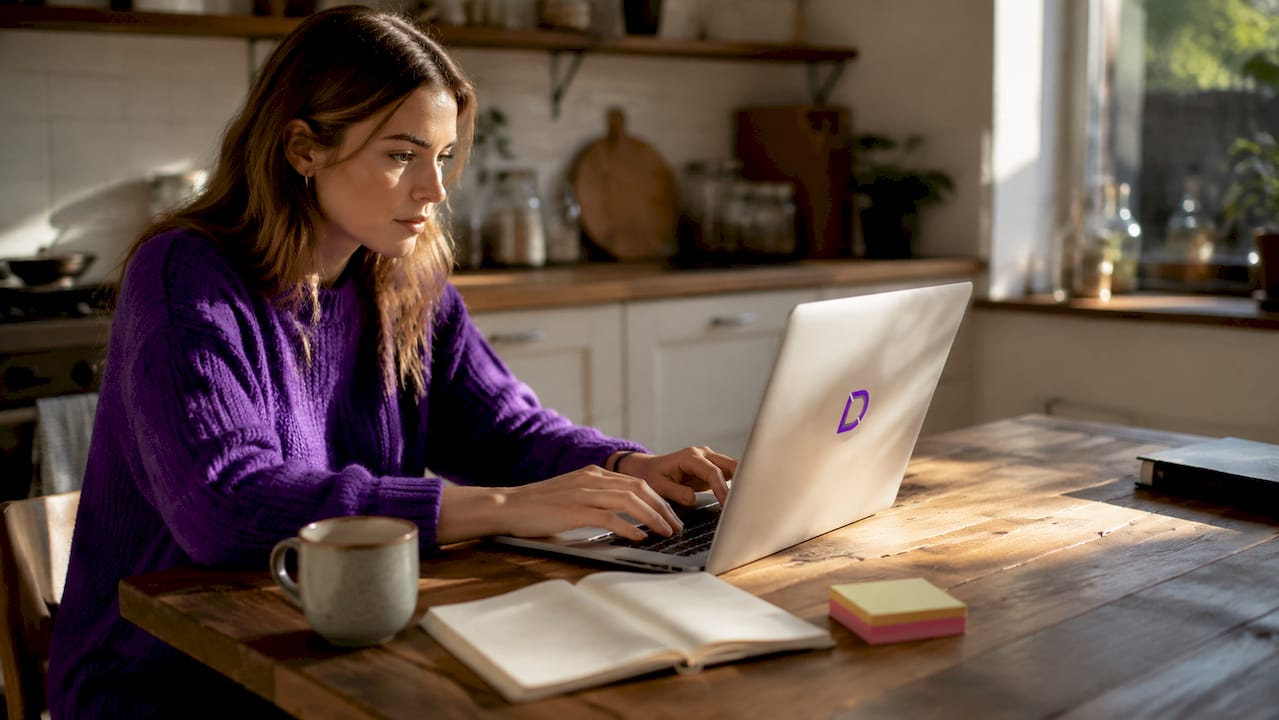 Woman renewing domain on laptop in home office