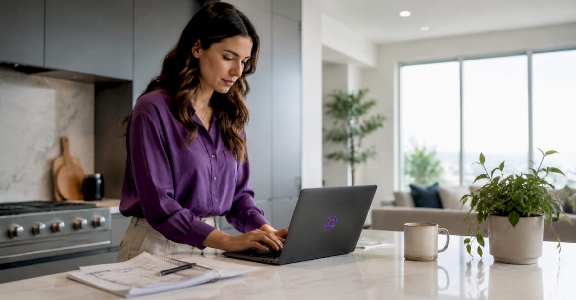 Professional woman working on business portfolio website at home