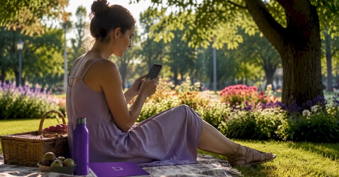 Woman managing website on smartphone outdoors