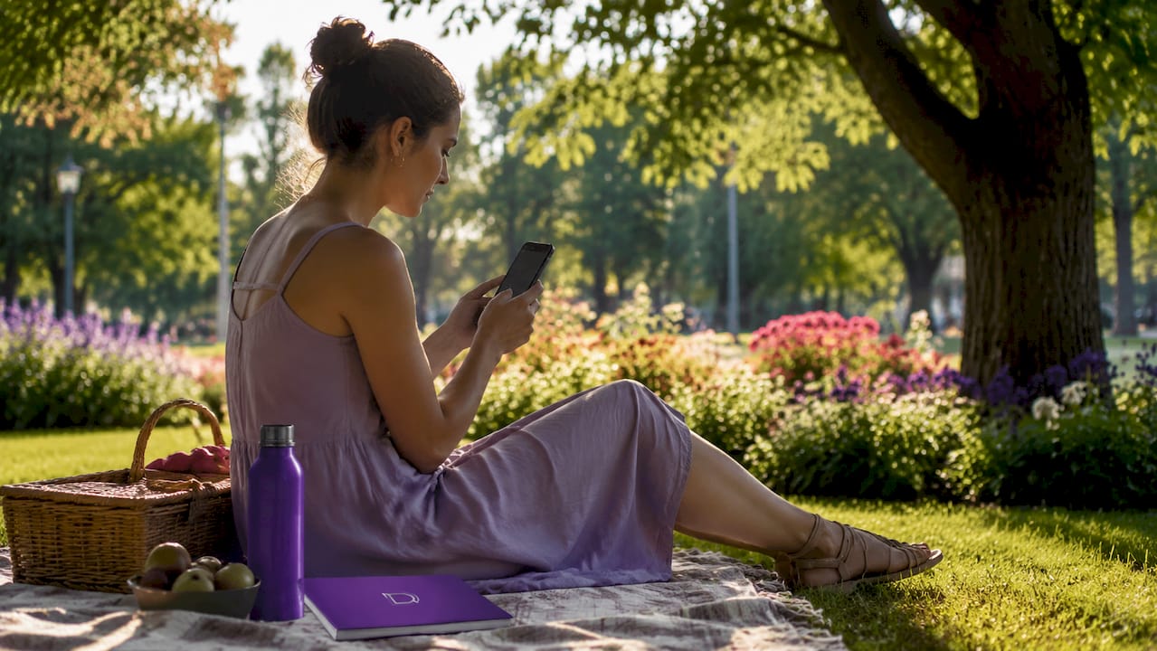 Woman managing website on smartphone outdoors