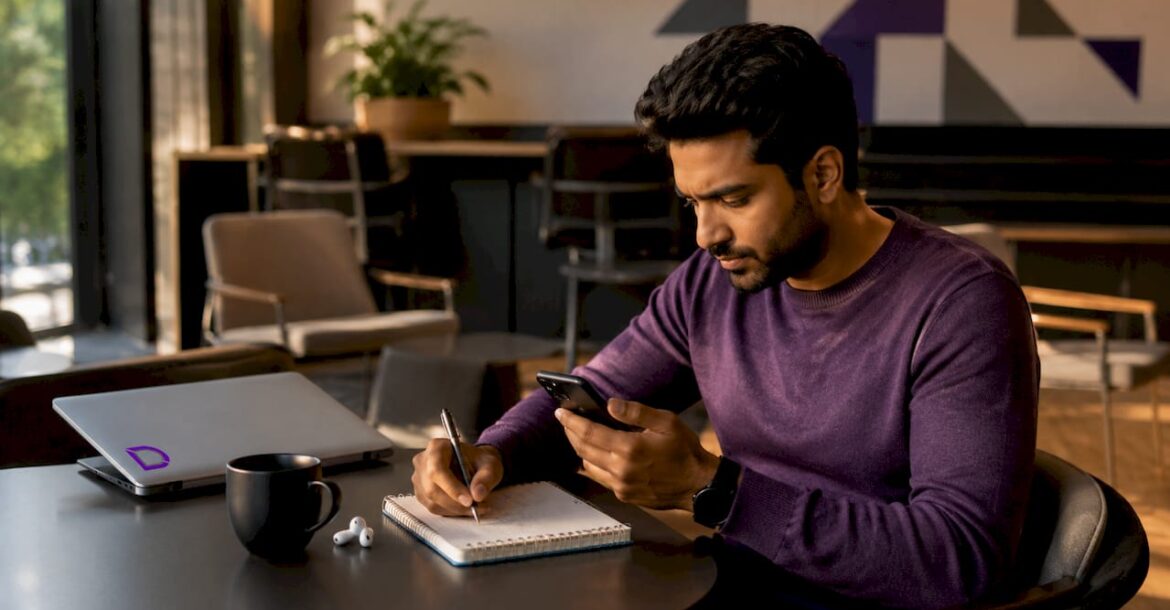 Man using smartphone in coworking space